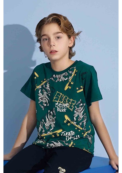 Erkek Çocuk Kaplan T-Shirt Bermuda Alt Penye Süprem Bisiklet Yaka Orta Kalın Pijama TAKIMI-3975 fırsatları