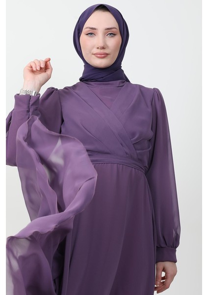 Önü Çapraz Şifon Elbise Koyu Lila indirimleri