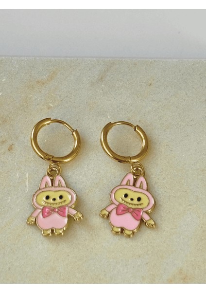 Pembe Renkli Labubu Gold Küpe