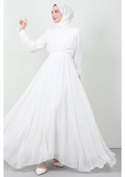 Önü Çapraz Şifon Elbise Beyaz
