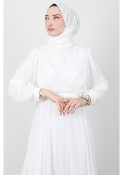 Önü Çapraz Şifon Elbise Beyaz indirimleri