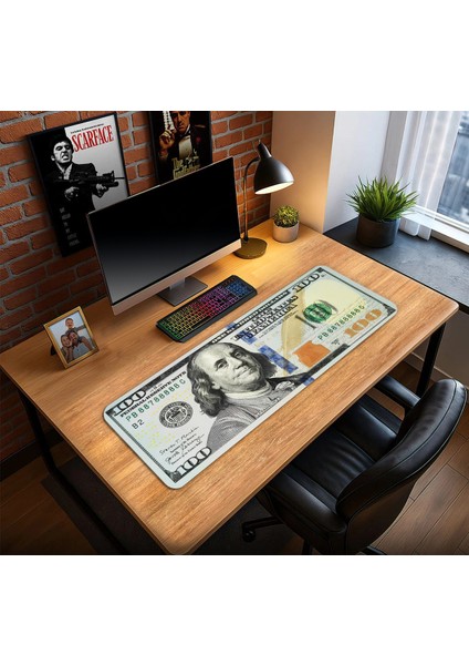 Dolar Baskılı Görünümülü Oyun Gaming Klavye Mouse Pad Kaymaz Taban Kenarları Dikişli Masa Matı 70X30 cm