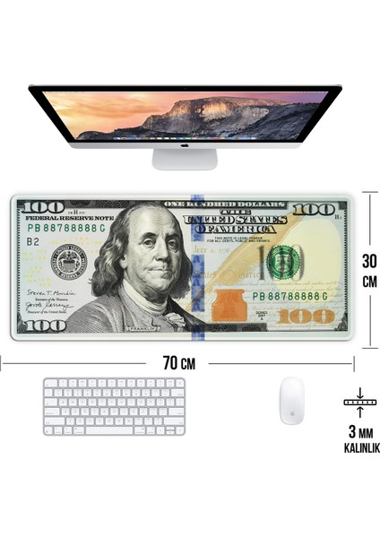 Dolar Baskılı Görünümülü Oyun Gaming Klavye Mouse Pad Kaymaz Taban Kenarları Dikişli Masa Matı 70X30 cm modelleri