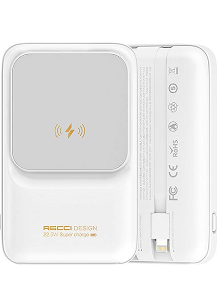 LED Dijital Göstergeli Magsafe Powerbank Recci RPB-W10 Polaris Seri Çift Kablolu 15W 10000MAH Beyaz