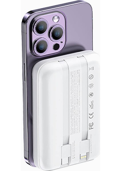 LED Dijital Göstergeli Magsafe Powerbank Recci RPB-W10 Polaris Seri Çift Kablolu 15W 10000MAH Beyaz