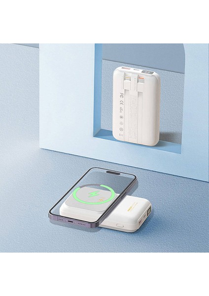 LED Dijital Göstergeli Magsafe Powerbank Recci RPB-W10 Polaris Seri Çift Kablolu 15W 10000MAH Beyaz