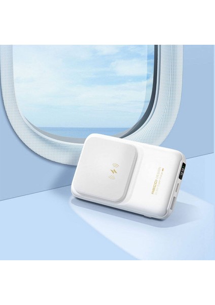 LED Dijital Göstergeli Magsafe Powerbank Recci RPB-W10 Polaris Seri Çift Kablolu 15W 10000MAH Beyaz