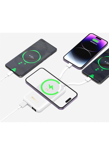 LED Dijital Göstergeli Magsafe Powerbank Recci RPB-W10 Polaris Seri Çift Kablolu 15W 10000MAH Beyaz