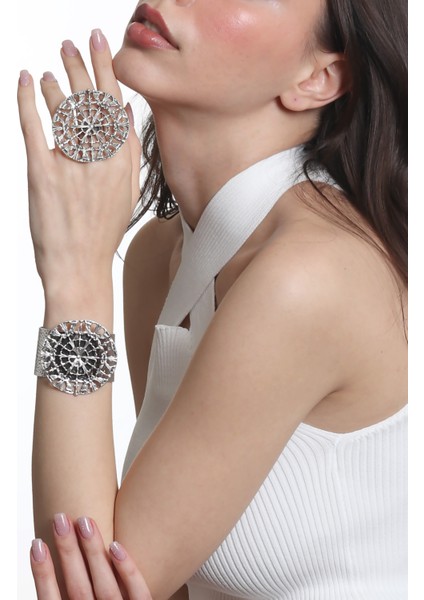 Kadın Antik Gümüş Kaplama Ayarlanabilir Geniş Band Örümcek Ağı Figürlü Bileklik & Yüzük Set