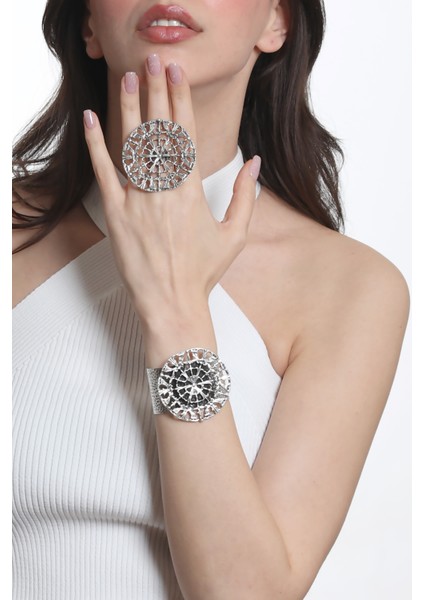 Kadın Antik Gümüş Kaplama Ayarlanabilir Geniş Band Örümcek Ağı Figürlü Bileklik & Yüzük Set fiyatları