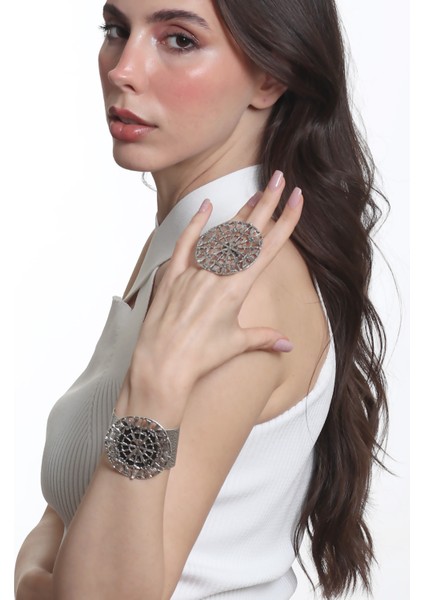 Kadın Antik Gümüş Kaplama Ayarlanabilir Geniş Band Örümcek Ağı Figürlü Bileklik & Yüzük Set modelleri