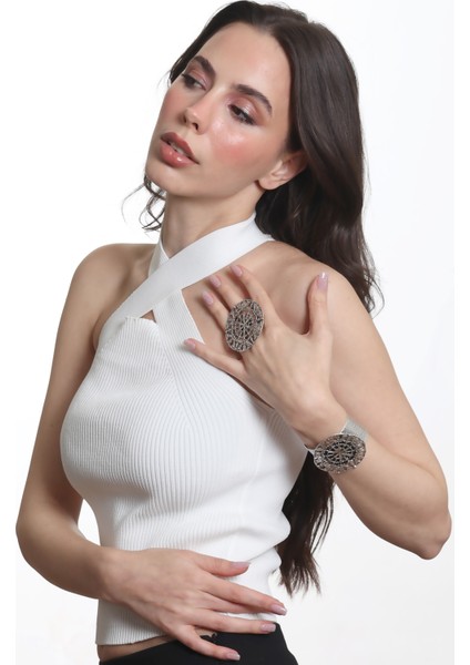 Kadın Antik Gümüş Kaplama Ayarlanabilir Geniş Band Örümcek Ağı Figürlü Bileklik & Yüzük Set fırsatları