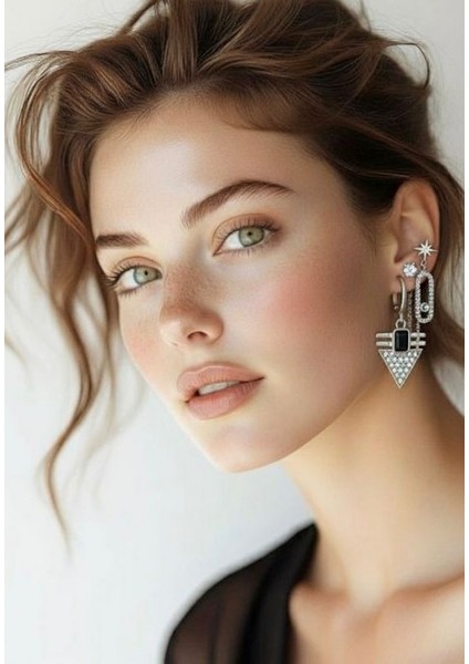 Siyah 6'lı Şık Tasarım Zirkonyum Küpe Seti