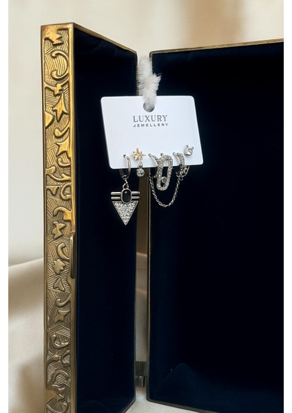 Siyah 6'lı Şık Tasarım Zirkonyum Küpe Seti fiyatları