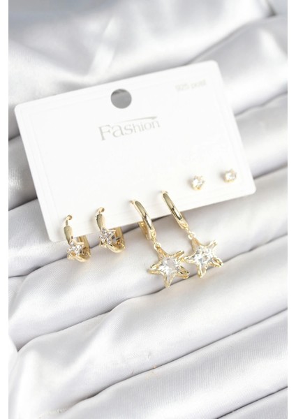 Pirinç Gold Renk Yıldız Model 925 Gümüş Çivili Kadın Küpe Seti