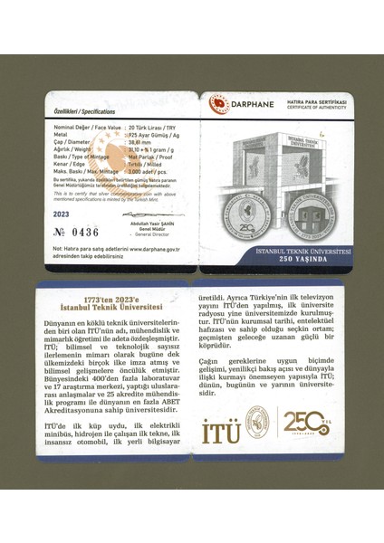 Istanbul Teknik Üniversitesi 250.NCI Yıl 2023 Darphane Hatıra Gümüş Sertifikalı modelleri
