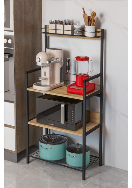 Metal Sepetli Mutfak Bangosu Kahve Köşesi Mutfak Standı Airfryer Mikrodalga Kahve Makinesi Organizer