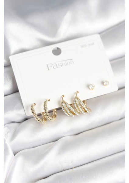 Gold Renk Pirinç 925 Ayar Gümüş Çivili Kadın Küpe Seti