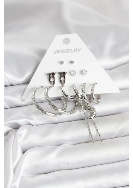 Gümüş Renk Pirinç 6'lı Kadın Küpe Seti