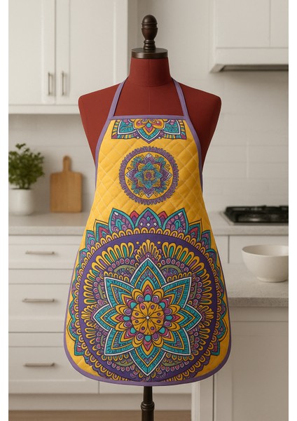 Kapitoneli Sıvı Geçirmez Leke Tutmaz Mutfak Önlüğü Dijital Baskılı Önlük Mandala