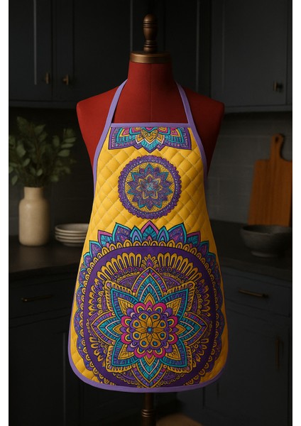 Kapitoneli Sıvı Geçirmez Leke Tutmaz Mutfak Önlüğü Dijital Baskılı Önlük Mandala modelleri