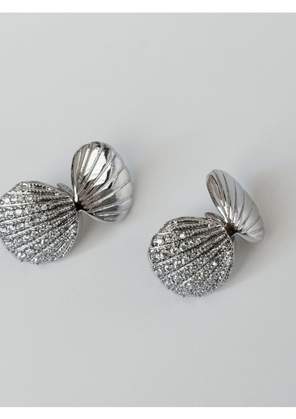Açılır Kapanır Taşlı Deniz Kabuklu Silver Küpe