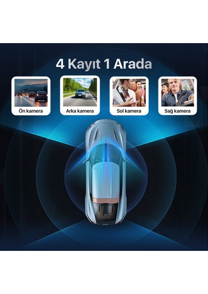 4 Kanallı Araç Içi Kamera | 4 Kamera Aynı Anda Kayıt | 360° Kayıt Açısı | Gece Görüşü, 2" IPS Ekran