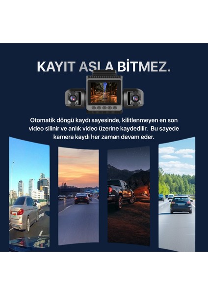 4 Kanallı Araç Içi Kamera | 4 Kamera Aynı Anda Kayıt | 360° Kayıt Açısı | Gece Görüşü, 2" IPS Ekran