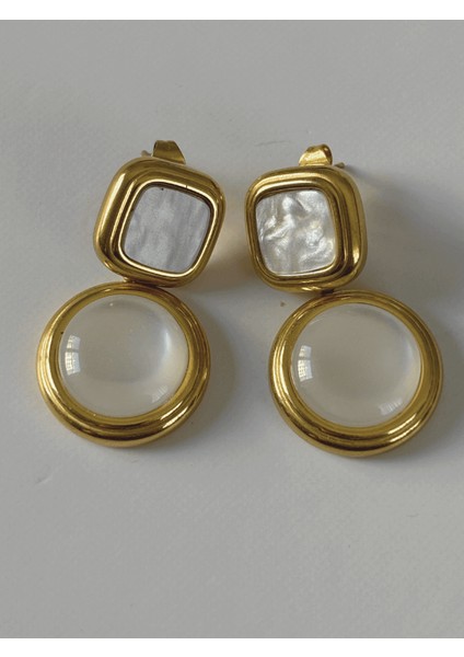 Kare ve Yuvarlak Sedef Detaylı Sallantılı Gold Küpe