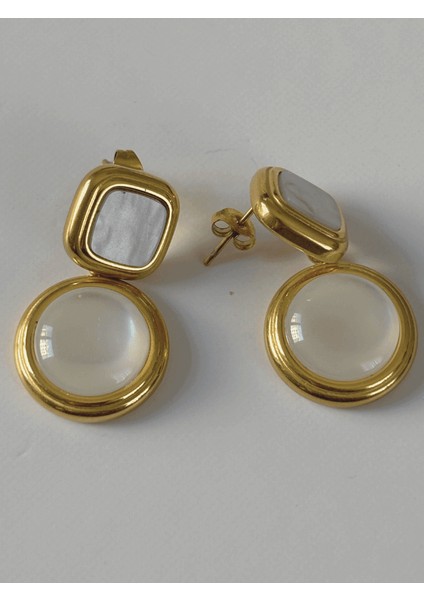Kare ve Yuvarlak Sedef Detaylı Sallantılı Gold Küpe modelleri