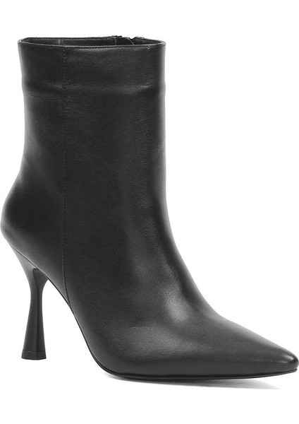 Kadın Siyah Fermuarlı İnce Topuklu Deri Bot