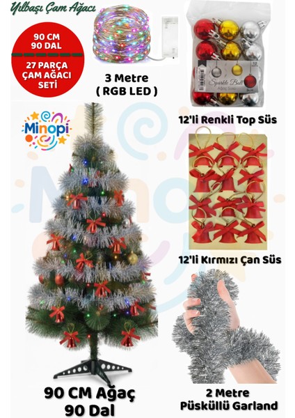 90 cm Yılbaşı Çam Ağaç Seti 3 Metre Rgb LED Işıklı ve Yılbaşı Süsleri Paketi Christmas Tree