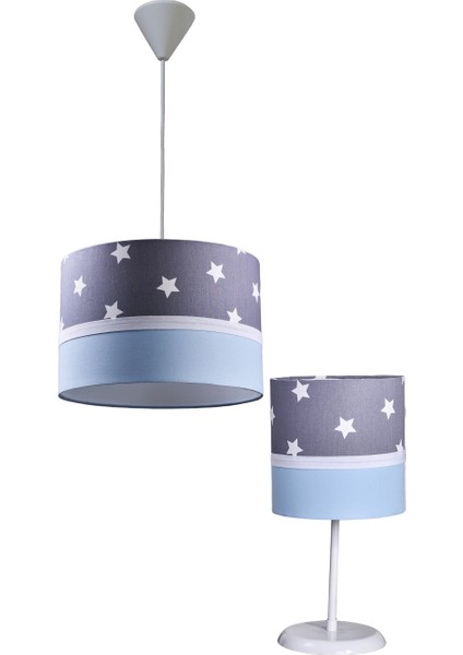 Gri Yıldızlı Mavi 2.li Set M-0389 Kumaş Kaplama Genç ve Çocuk Odası Avize ve Abajur Takımı