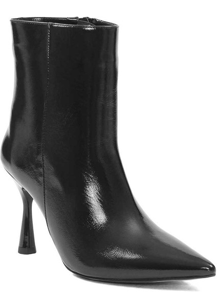 Kadın Siyah Fermuarlı İnce Topuklu Rugan Deri Bot
