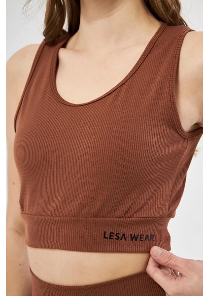 Kadın Fitilli Baskılı Crop - Kahve