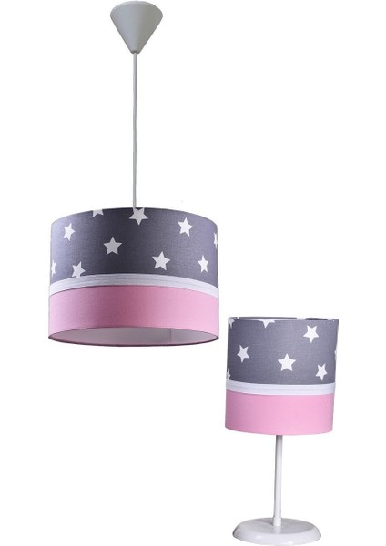 Gri Yıldızlı Pembe 2.li Set M-0388 Kumaş Kaplama Genç ve Çocuk Odası Avize ve Abajur Takımı