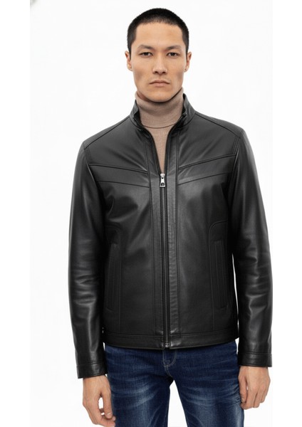 Alvin Siyah Hakim Yaka Fermuarlı Astarlı Kısa Erkek Hakiki Deri Mont