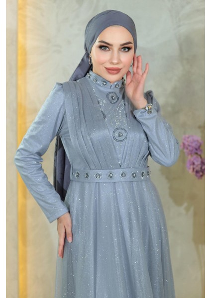 Taş Detaylı Göğsü Drapeli Simli Abiye Gümüş MSW19188-4 fiyatları