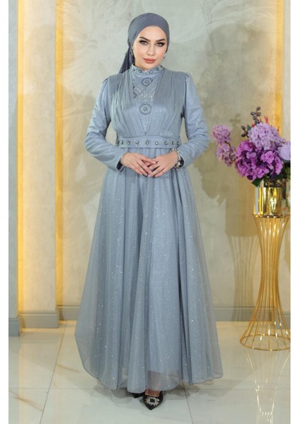 Taş Detaylı Göğsü Drapeli Simli Abiye Gümüş MSW19188-4 modelleri