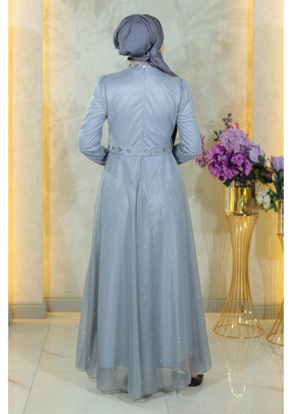 Taş Detaylı Göğsü Drapeli Simli Abiye Gümüş MSW19188-4 fırsatları