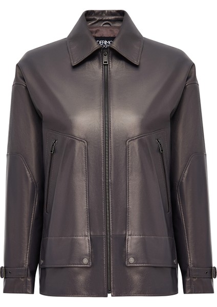 Rosalin Kadın Gri Gömlek Yaka Oversize Deri Mont 25WGE5327MP