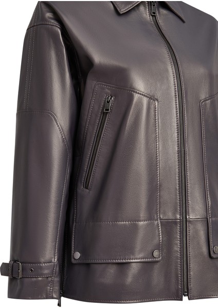 Rosalin Kadın Gri Gömlek Yaka Oversize Deri Mont 25WGE5327MP modelleri