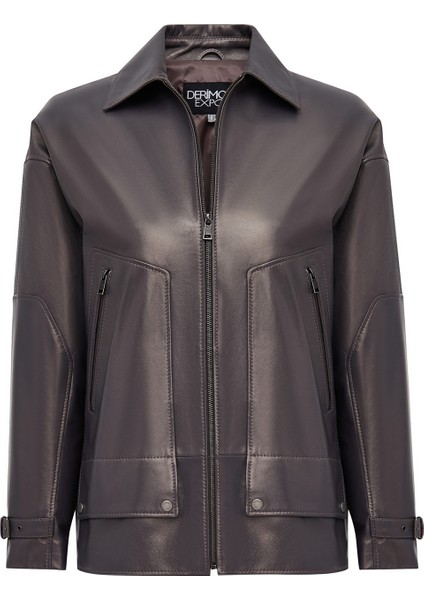 Rosalin Kadın Gri Gömlek Yaka Oversize Deri Mont 25WGE5327MP fırsatları