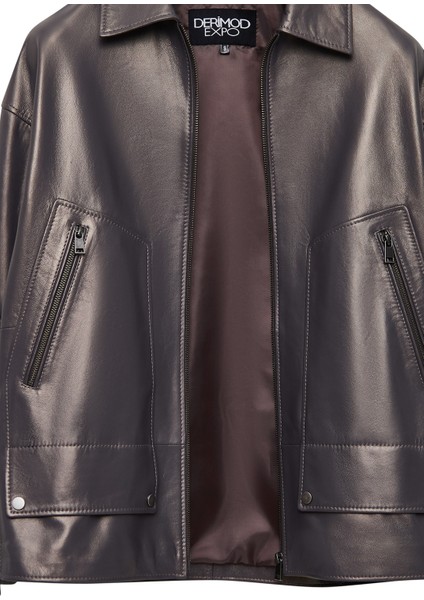 Rosalin Kadın Gri Gömlek Yaka Oversize Deri Mont 25WGE5327MP indirimleri