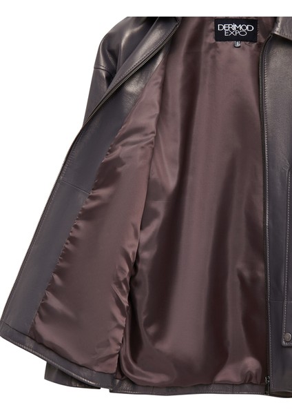 Rosalin Kadın Gri Gömlek Yaka Oversize Deri Mont 25WGE5327MP