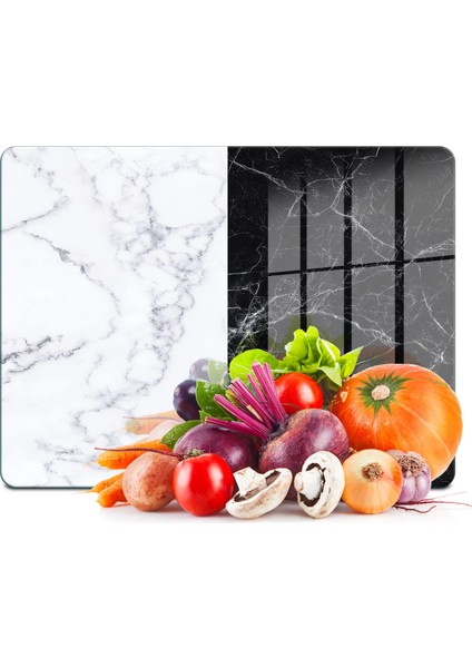 Cam Kesme Tahtası ve Sunumluk Double Siyah Beyaz Mermer Desenli 30X40 cm