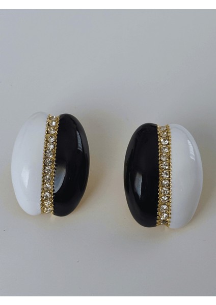 Siyah ve Beyaz Renkli Altın Taşlı Detaylı Büyük Küpe