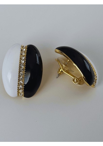 Siyah ve Beyaz Renkli Altın Taşlı Detaylı Büyük Küpe fiyatları