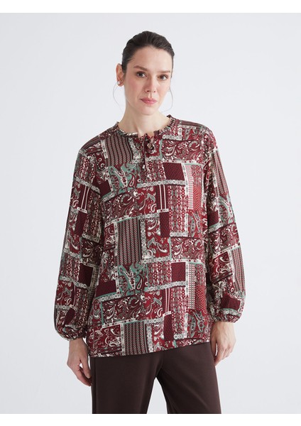Yeni Sezon Bağlamalı Yaka Desenli Bluz