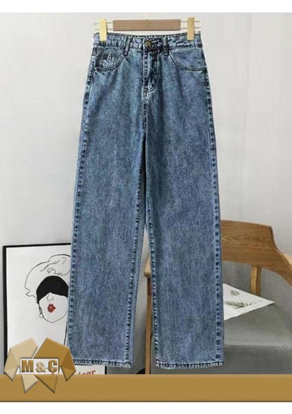 Yüksek Bel Baggy Jean Kadın Pantolon Yıkamalı Mavi Denim Kumaşıyla Vintage Modern Tarzı